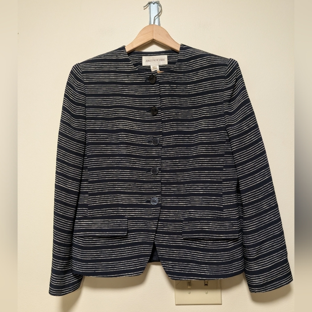 Jones New York Striped Button Front Blazer Women’s 8 Navy White